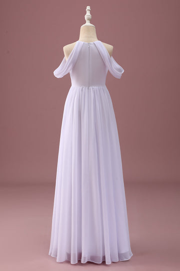 Vestido de dama de honor junior fruncido de gasa blanco una línea con hombros descubiertos